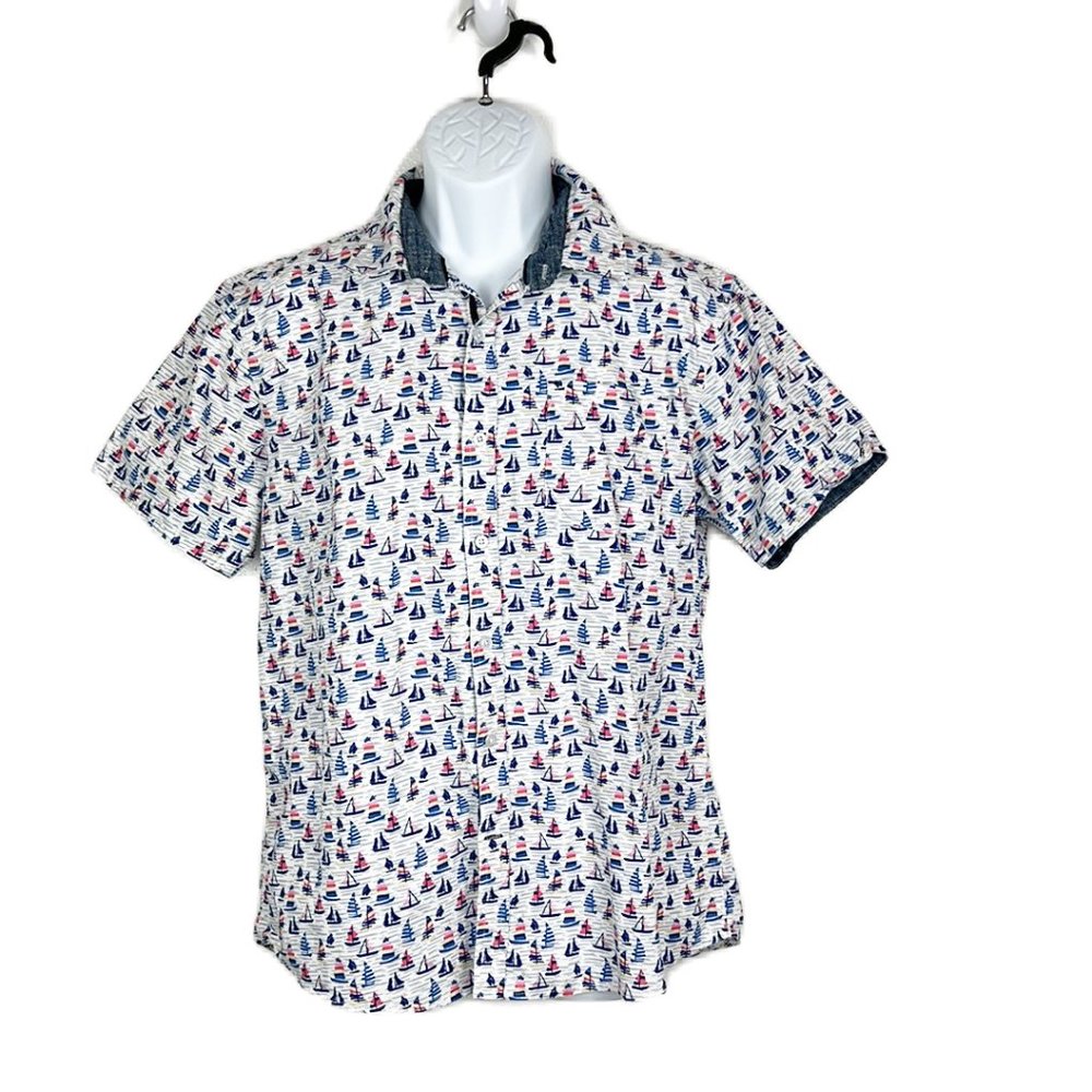 Rebel James & Charli Button Down Shirt Men Large Sail Boats Short Sleeve Casual